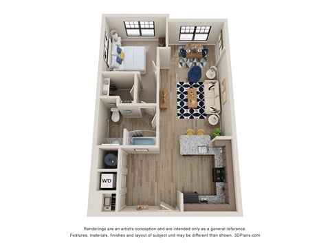 Floor plan for 1 bed, 1 bath, 749 sqft